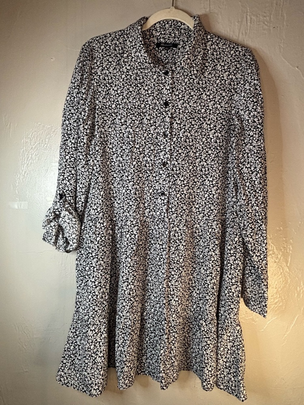 Madewell Black and White Floral Long-Sleeve Shirt Dress